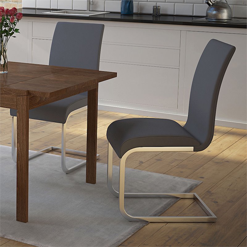 Contemporary Faux Leather and Metal Dining Chair Set of 2 Grey and Chrome