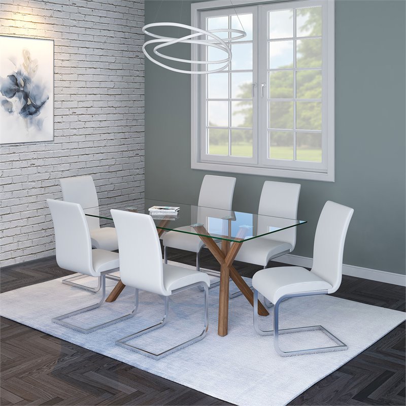 Contemporary Faux Leather and Metal Dining Chair Set of 2 White and Chrome