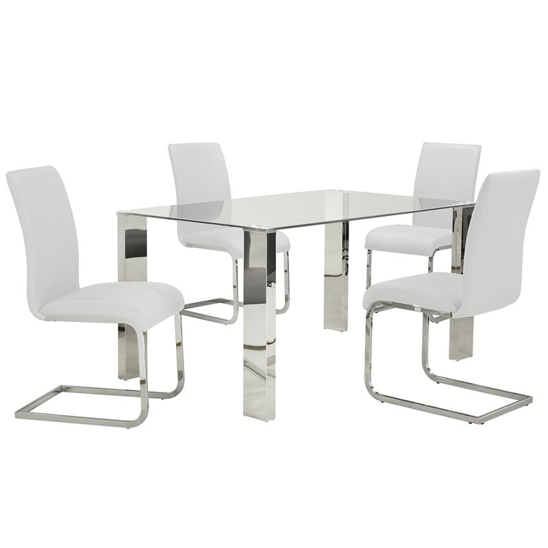 Contemporary Faux Leather and Metal Dining Chair Set of 2 White and Chrome