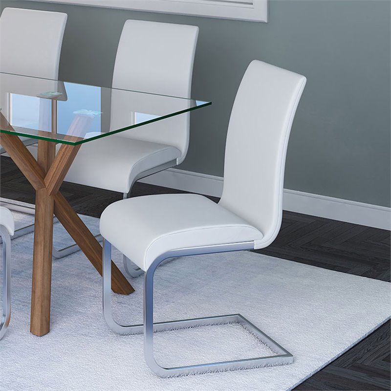 Contemporary Faux Leather and Metal Dining Chair Set of 2 White and Chrome