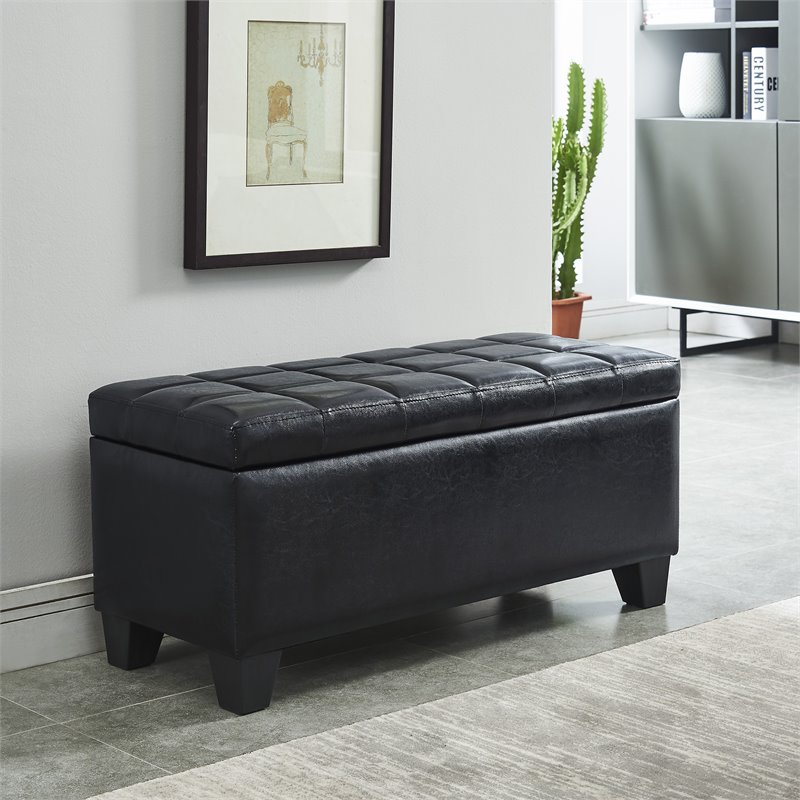 Modern Faux Leather Rectangular Storage Ottoman Bench Black