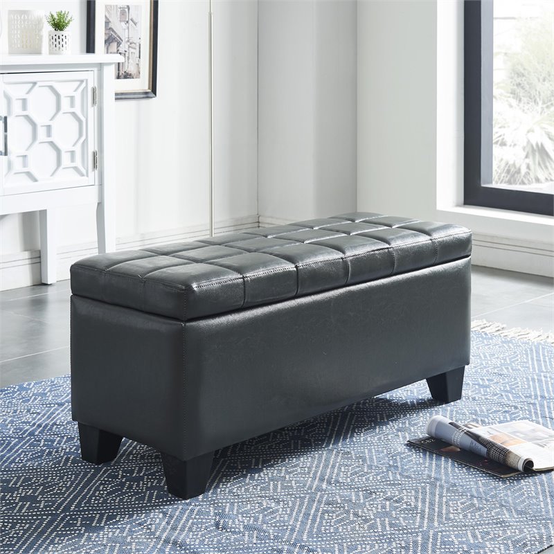 Modern Faux Leather Rectangular Storage Ottoman Bench Grey