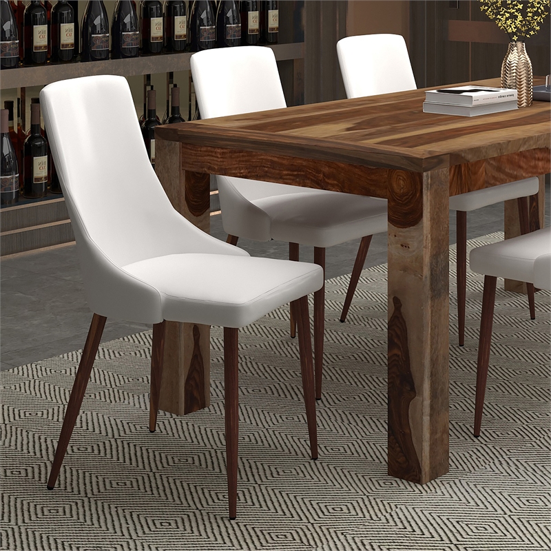 MidCentury Faux Leather and Metal Dining Chair Set of 2 White and Walnut