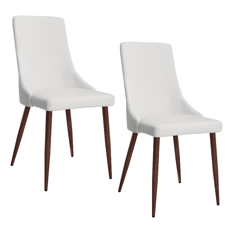 MidCentury Faux Leather and Metal Dining Chair Set of 2 White and Walnut