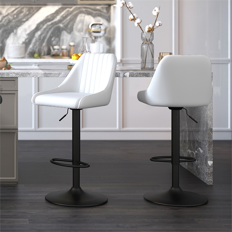 Modern Faux Leather Adjustable Stool with Swivel Set of 2 White and Black
