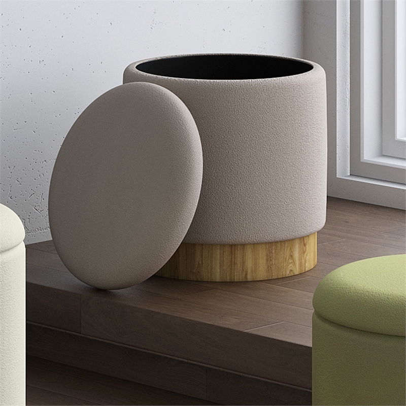 WHI Modern Fabric Round Storage Ottoman Grey Natural