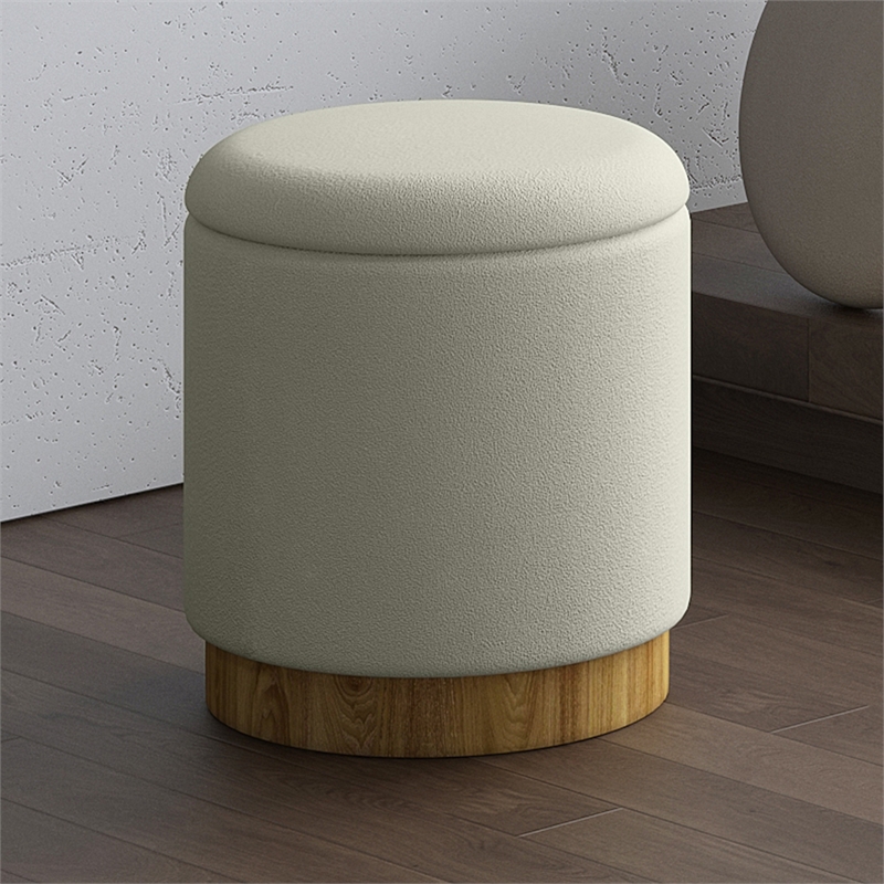 WHI Modern Fabric Round Storage Ottoman White Natural