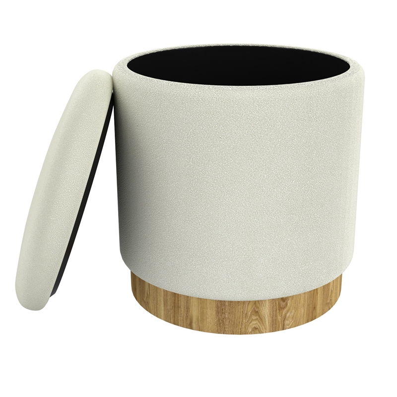 WHI Modern Fabric Round Storage Ottoman White Natural