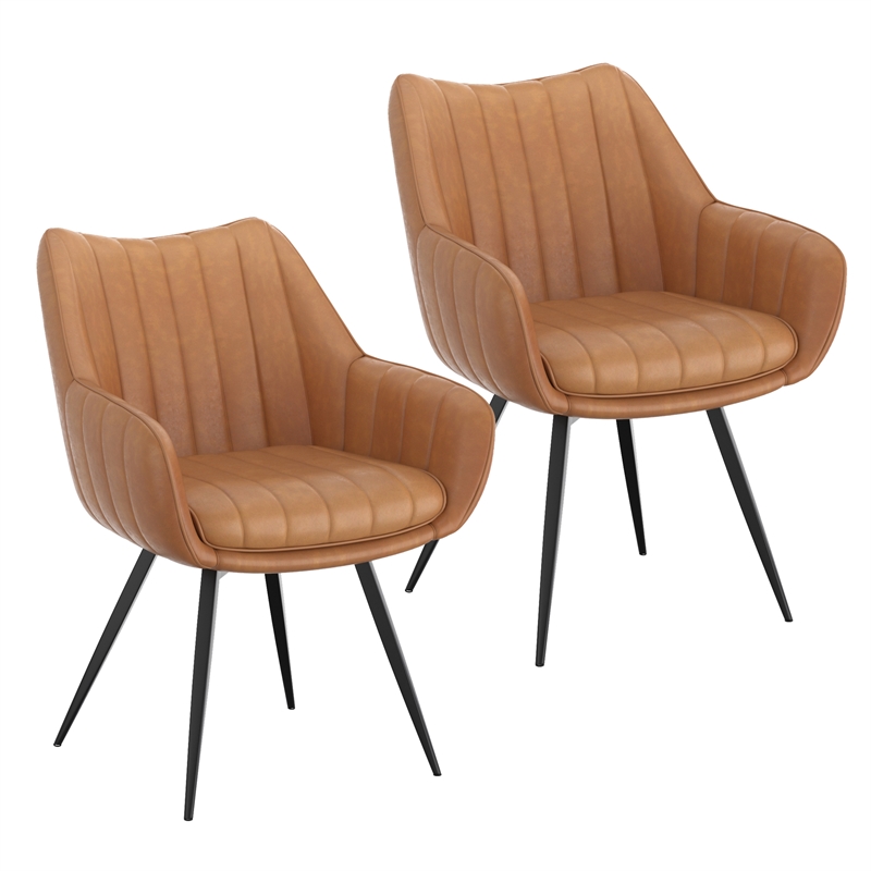 WHI Modern Faux Leather Metal Swivel Dining Accent Chair Set of 2 Camel Black