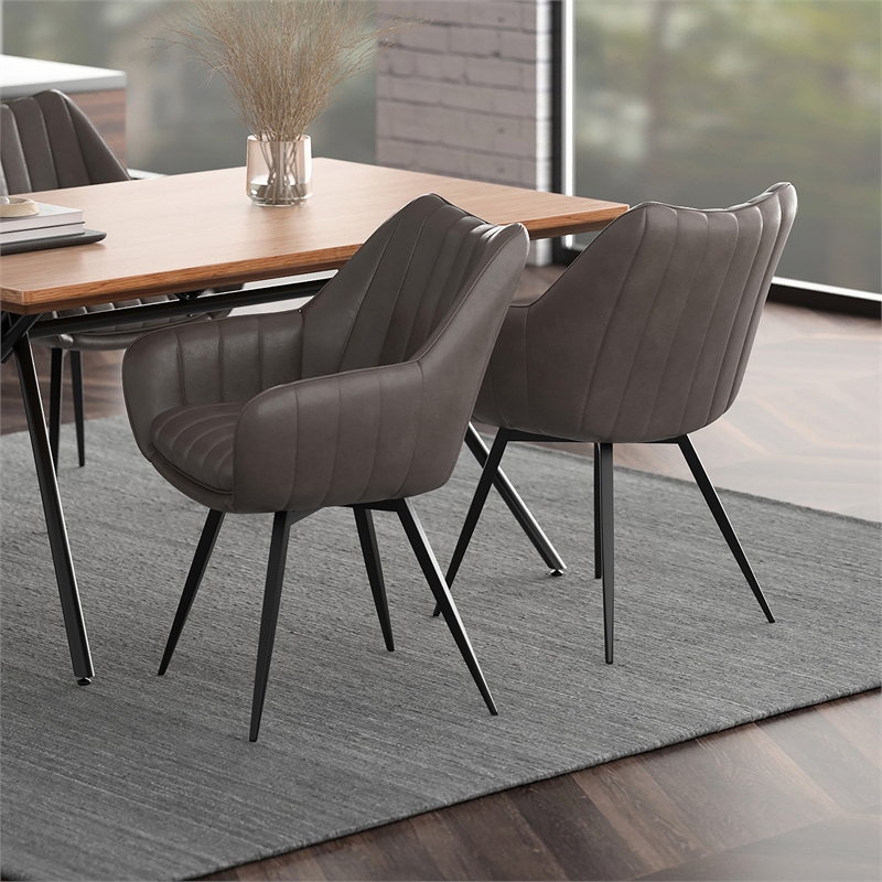 WHI Modern Faux Leather Metal Swivel Dining Accent Chair Set of 2 Charcoal Black