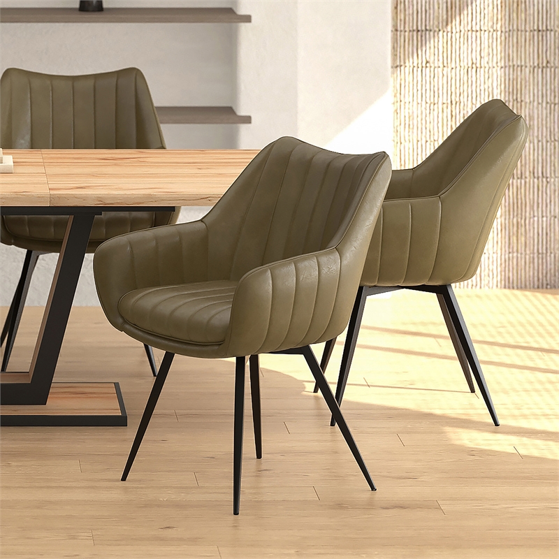 WHI Modern Faux Leather Metal Swivel Dining Accent Chair Set of 2 Moss Black