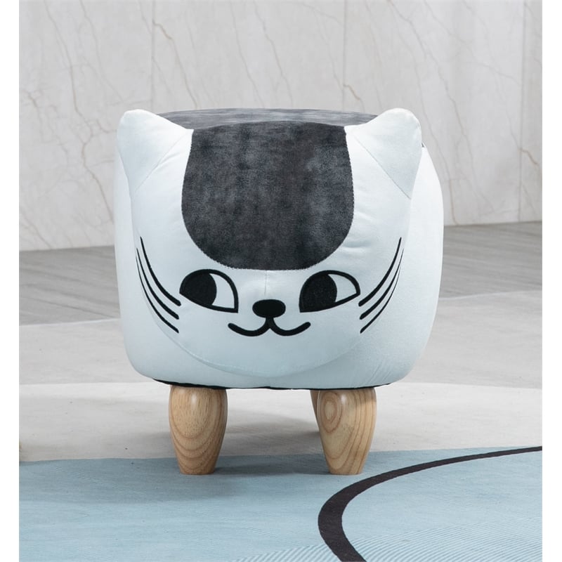 Home 2 Offie Cat Condo Pet House Kitten Shaped Storage Ottoman White and Grey Microfiber Fabric wood frame and feet