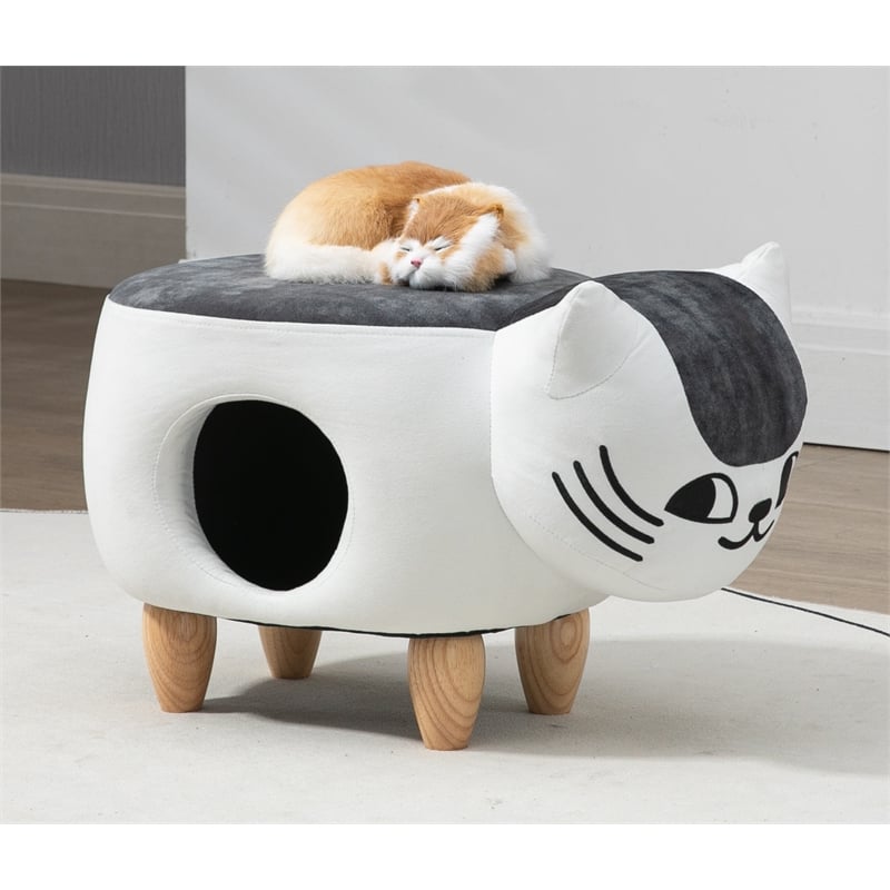 Home 2 Offie Cat Condo Pet House Kitten Shaped Storage Ottoman White and Grey Microfiber Fabric wood frame and feet
