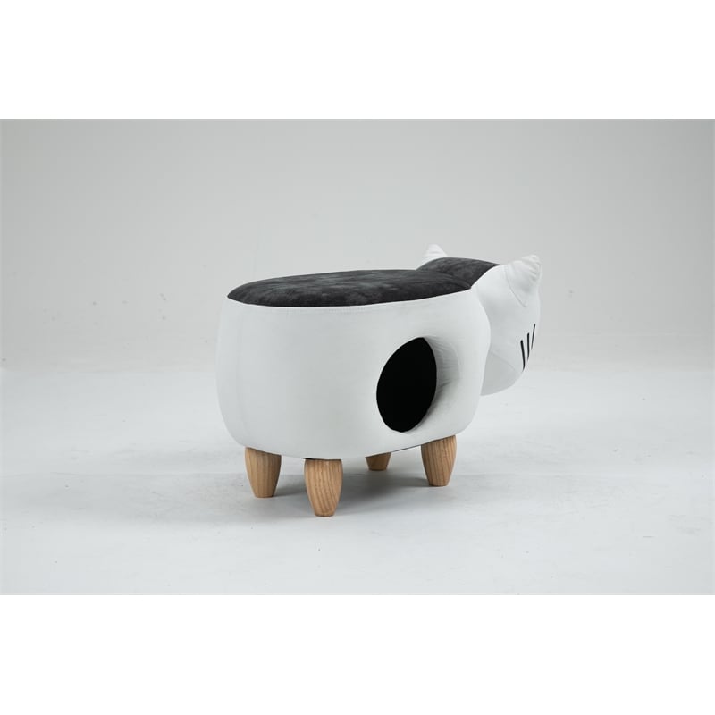 Home 2 Offie Cat Condo Pet House Kitten Shaped Storage Ottoman White and Grey Microfiber Fabric wood frame and feet