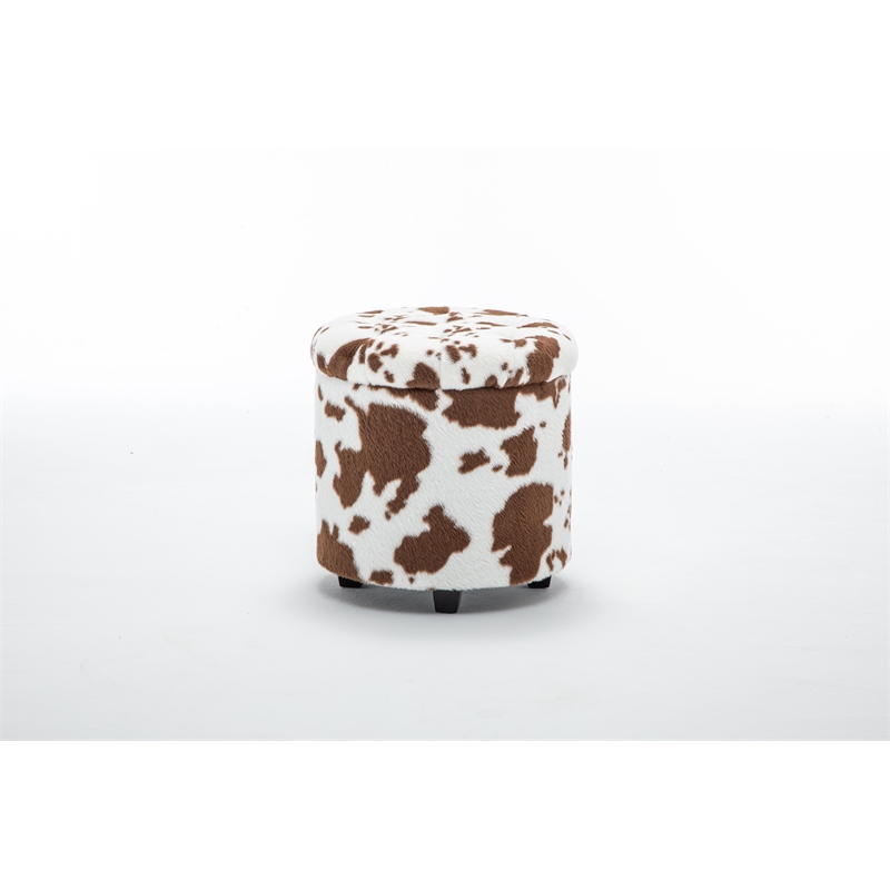 Home 2 Office Round Brown and White Cow Fur Sorage Ottoman Stool