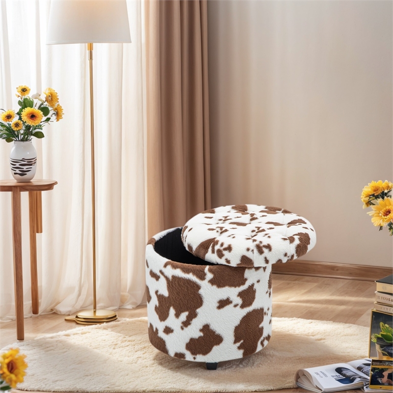 Home 2 Office Round Brown and White Cow Fur Sorage Ottoman Stool