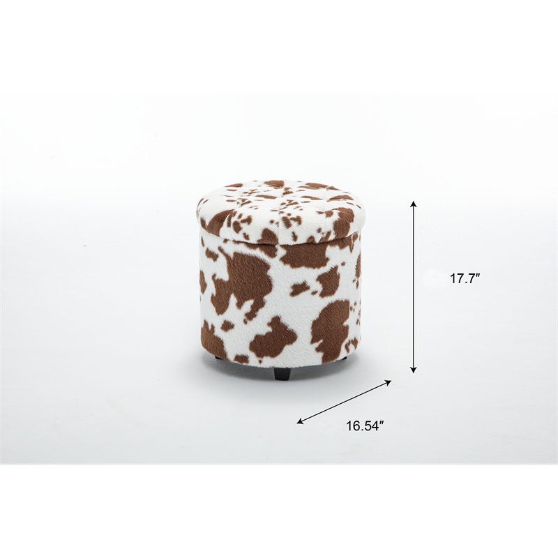 Home 2 Office Round Brown and White Cow Fur Sorage Ottoman Stool