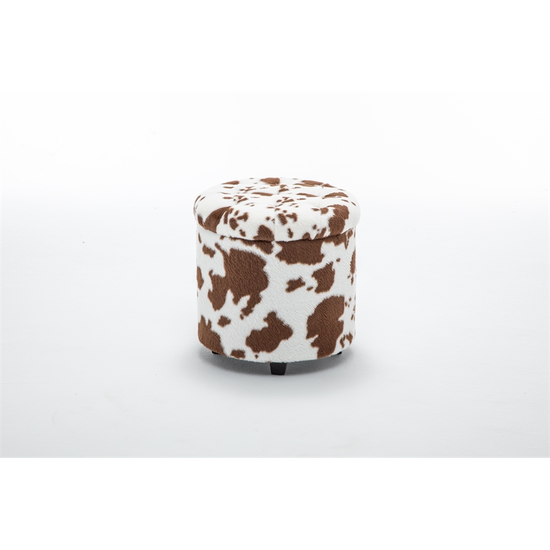 Home 2 Office Round Brown and White Cow Fur Sorage Ottoman Stool