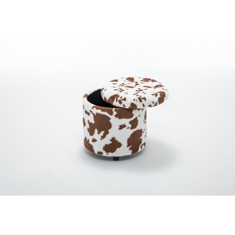 Home 2 Office Round Brown and White Cow Fur Sorage Ottoman Stool