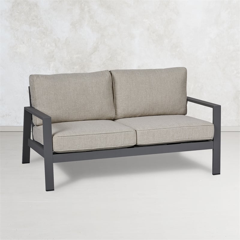 Real Flame Aegean Aluminum Outdoor 2-Seat Sofa with Cushions in Slate Gray/Tan