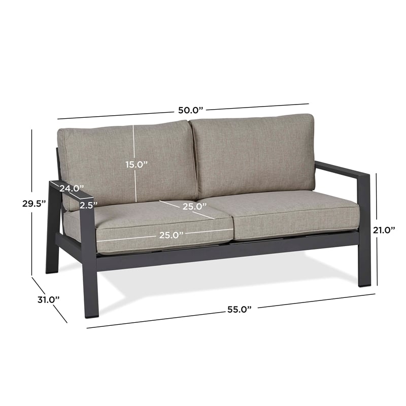 Real Flame Aegean Aluminum Outdoor 2-Seat Sofa with Cushions in Slate Gray/Tan