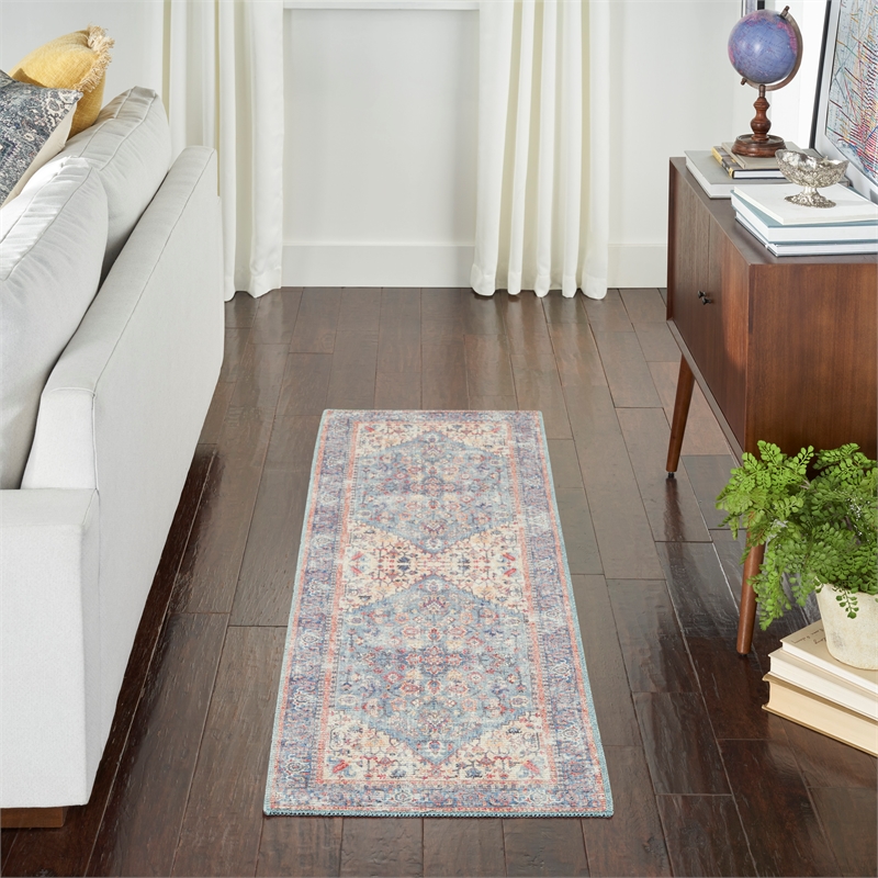 Nourison New Concept Washables 2' x 6' Blue Multicolor Vintage Indoor Rug