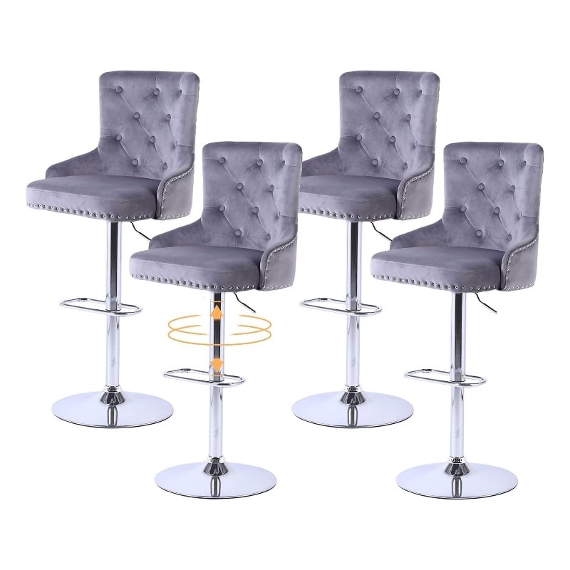 Alexent Modern Glam Velvet Bar Stool Chairs Adjustable Height - GRAY SET OF 4