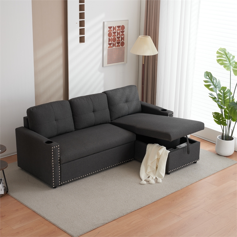 Alexent Traditional Fabric Sleeper Sofa with Storage Compartment -DARK GRAY