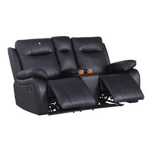 Alexent Manual Faux Leather Recliner Loveseat Sofa with Drink Holder in Black