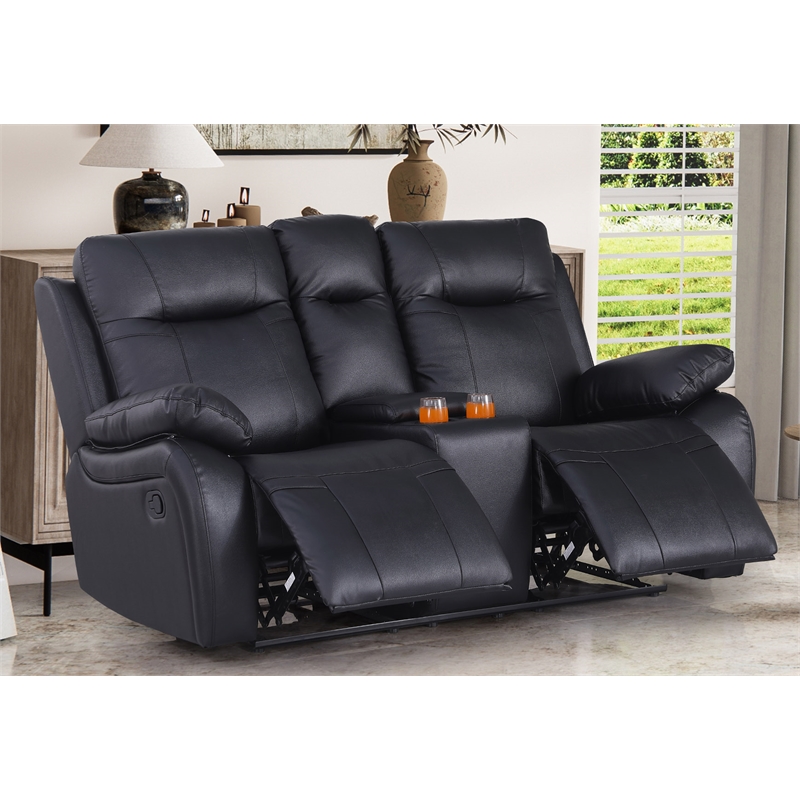 Alexent Manual Faux Leather Recliner Loveseat Sofa with Drink Holder in Black