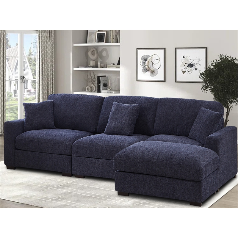 Wide Sectional Sofa with Chaise 3 Seat Modular Sofa Chenille Couch Blue