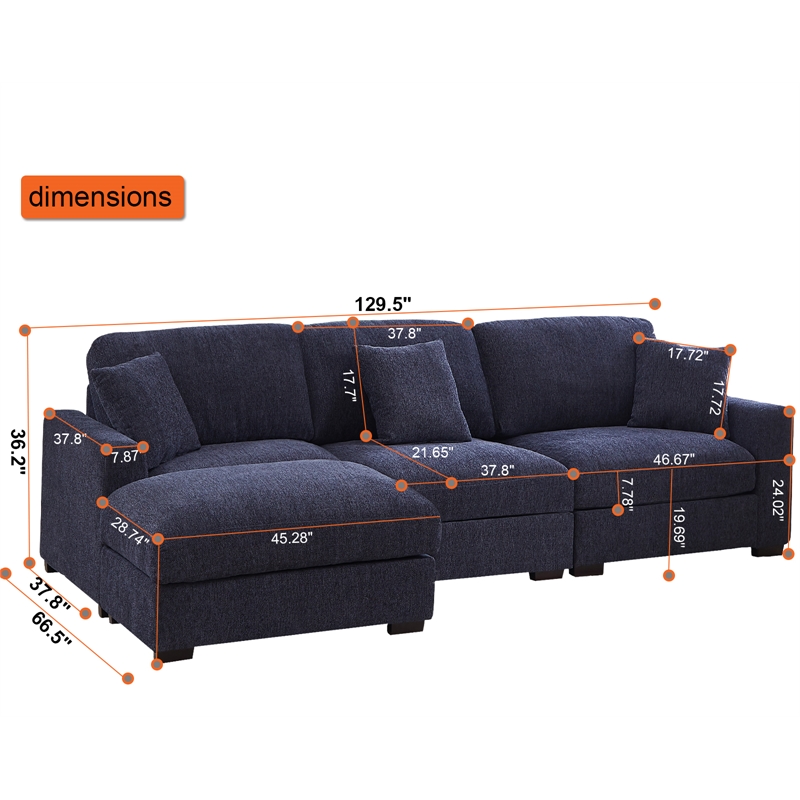 Wide Sectional Sofa with Chaise 3 Seat Modular Sofa Chenille Couch Blue