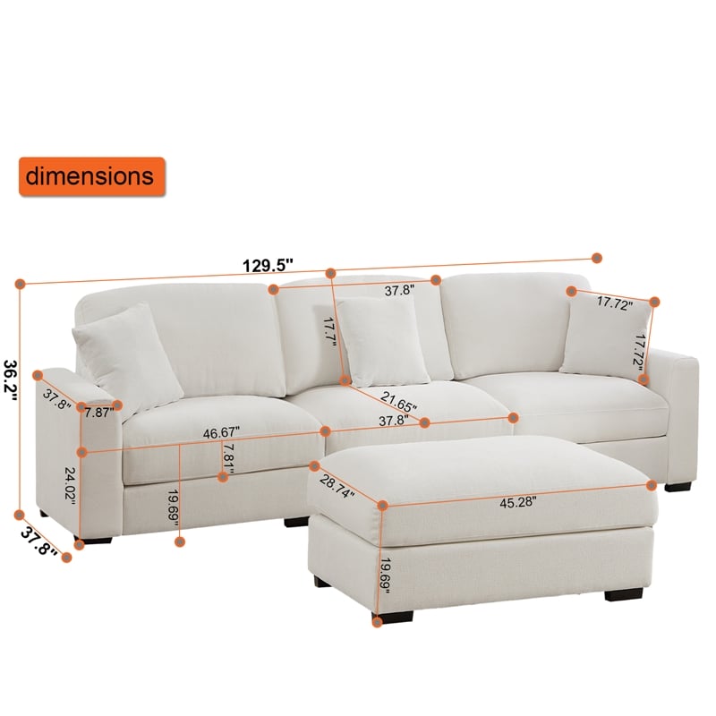 Large Sectional Sofa with Chaise 3 Seat Modular Sofa Chenille Couch White