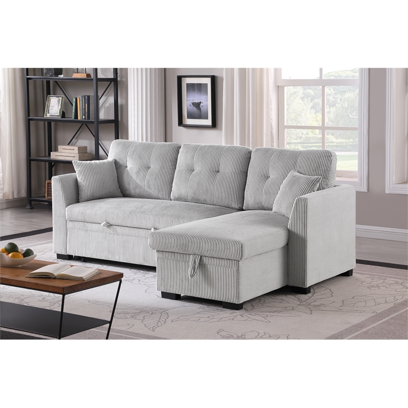 Joseph Fabric Upholstered Corduroy Sleeper Sofa With Storage Chaise Light Gray