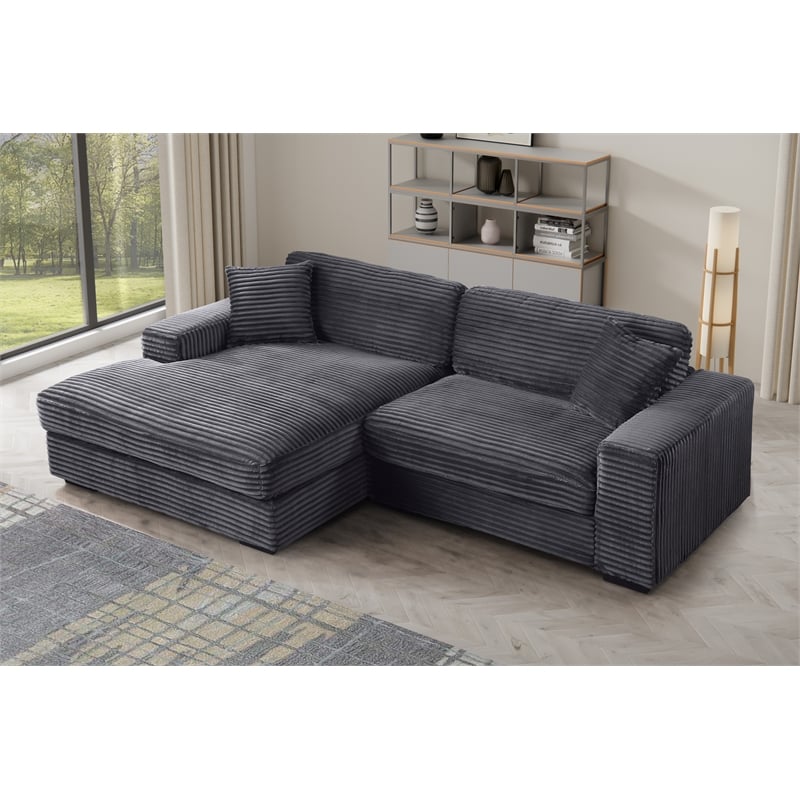 Liam 2-Piece Fabric Upholstered Corduroy Deep Seat Sofa Sleeper Chaise Dark Gray