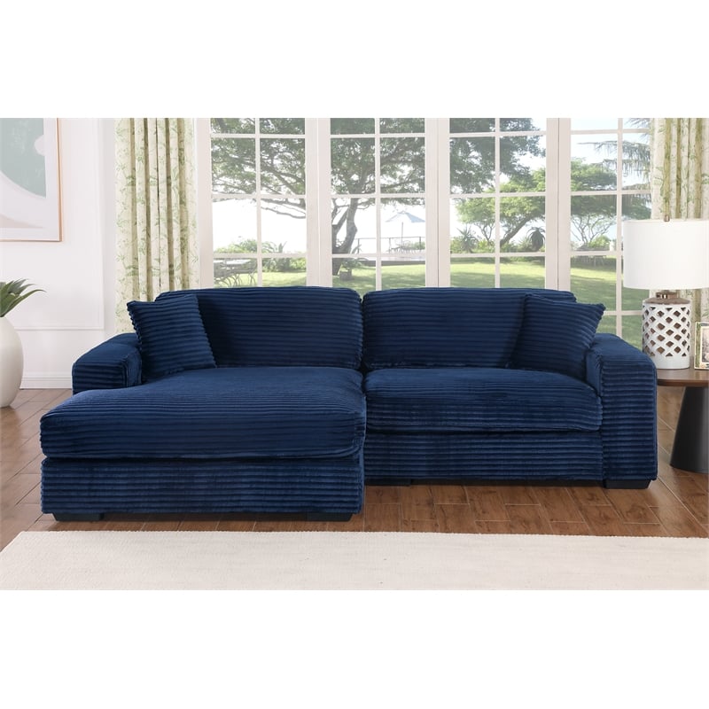 Liam 2-Piece Fabric Upholstered Corduroy Deep Seat Sofa Sleeper Chaise Dark Blue