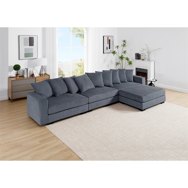 Jane Polyester Upholstered Sectional Comfy Sofa With Ottoman Dark Gray