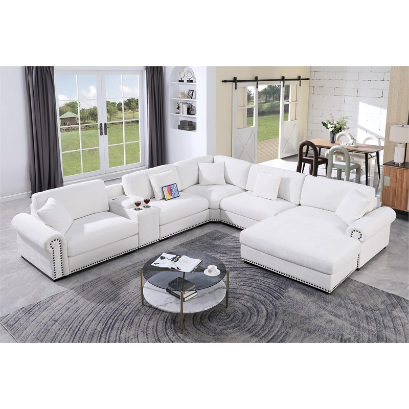 Oliver Polyester Sectional Sofa Couch with Ottoman & Cup holder & Charger White