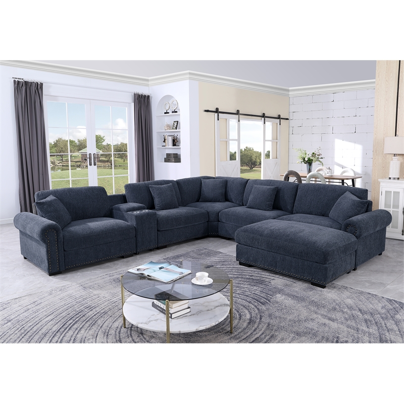 Oliver Polyester Sectional Sofa Couch with Ottoman & Cup holder & Charger Blue