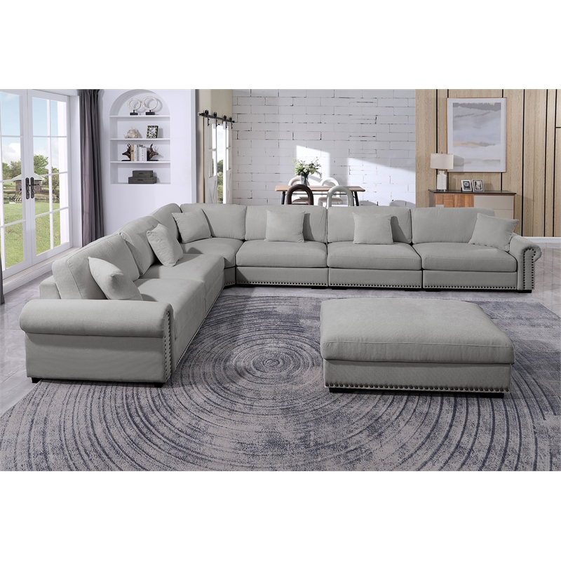 Oliver Polyester Upholstered Large Sectional Sofa 6-seat with ottoman Light Gray