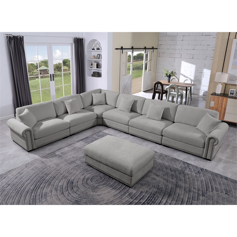 Oliver Polyester Upholstered Large Sectional Sofa 6-seat with ottoman Light Gray