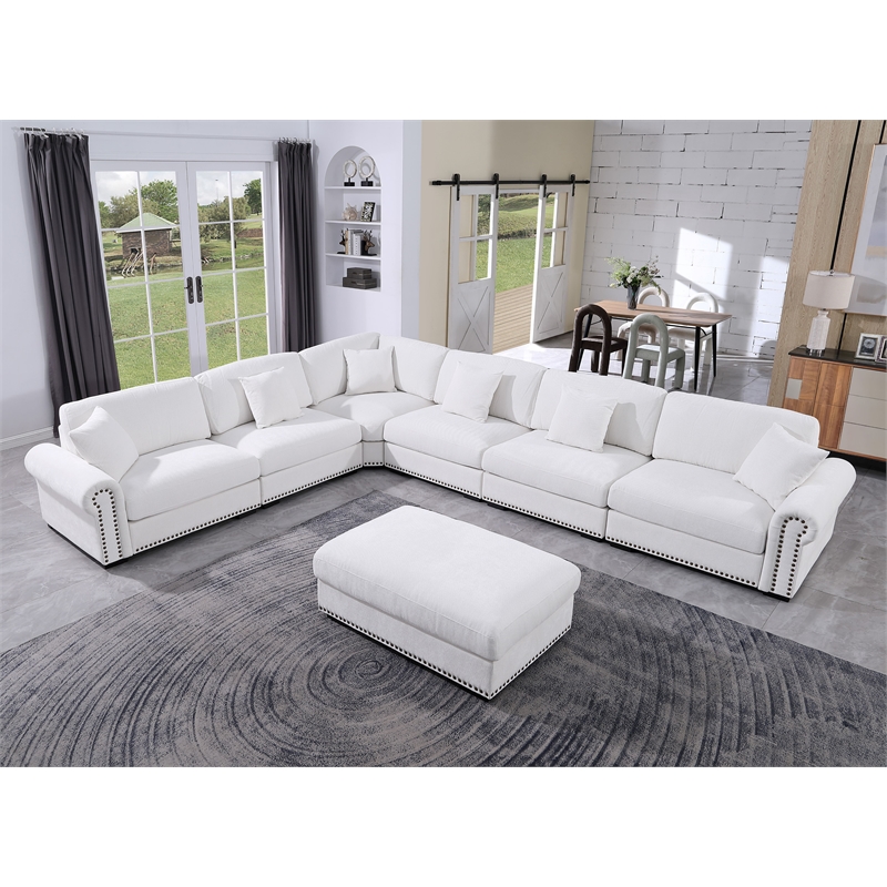 Oliver Polyester Upholstered Large Sectional Sofa 6-seat with ottoman White