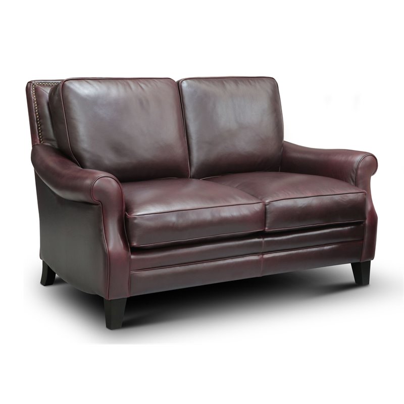 Hello Sofa Home Adriana Traditional Top Grain Leather Loveseat in Burgundy
