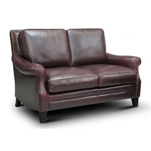 Hello Sofa Home Adriana Traditional Top Grain Leather Loveseat in Burgundy