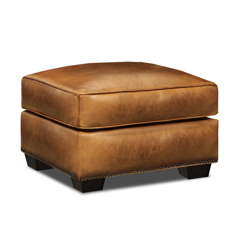Hello Sofa Home Valencia Top Grain Hand Antiqued Leather Ottoman in Tan Brown