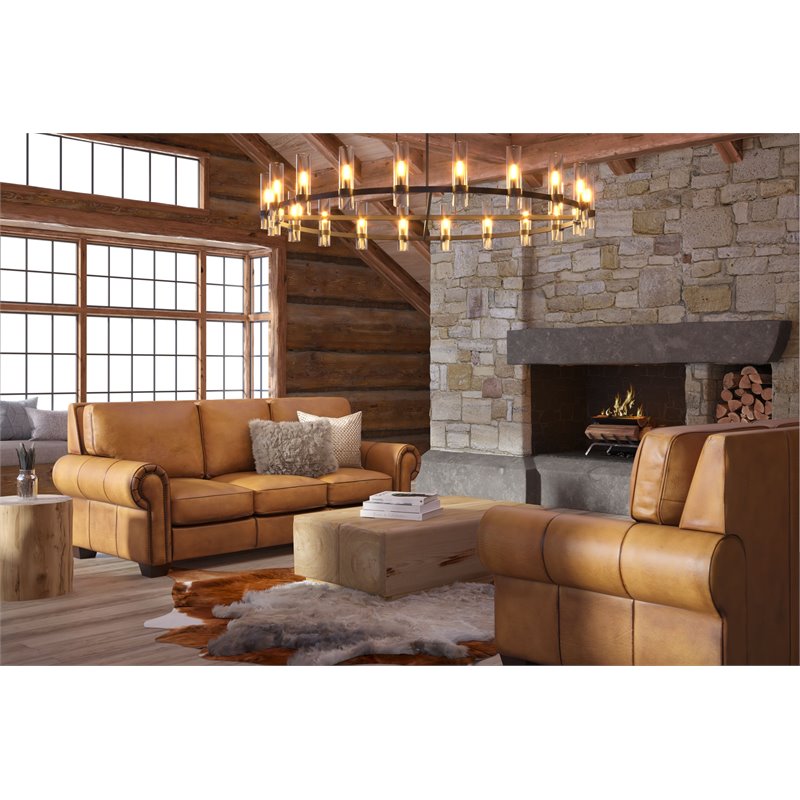 Hello Sofa Home Valencia Top Grain Hand Antiqued Leather Ottoman in Tan Brown