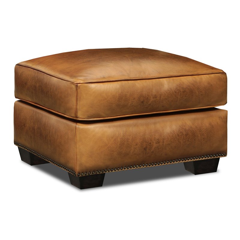 Hello Sofa Home Valencia Top Grain Hand Antiqued Leather Ottoman in Tan Brown