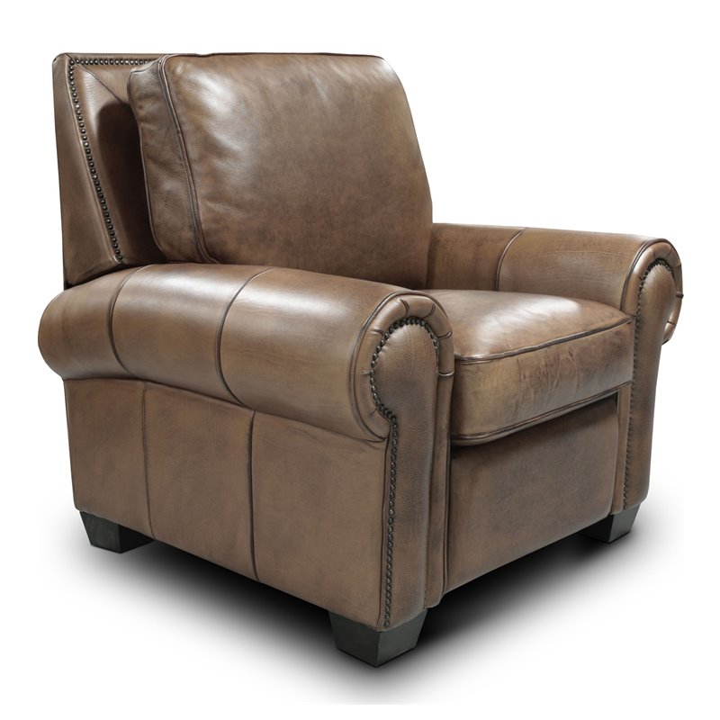Hello Sofa Home Valencia Top Grain Hand Antiqued Leather Recliner in Taupe Brown