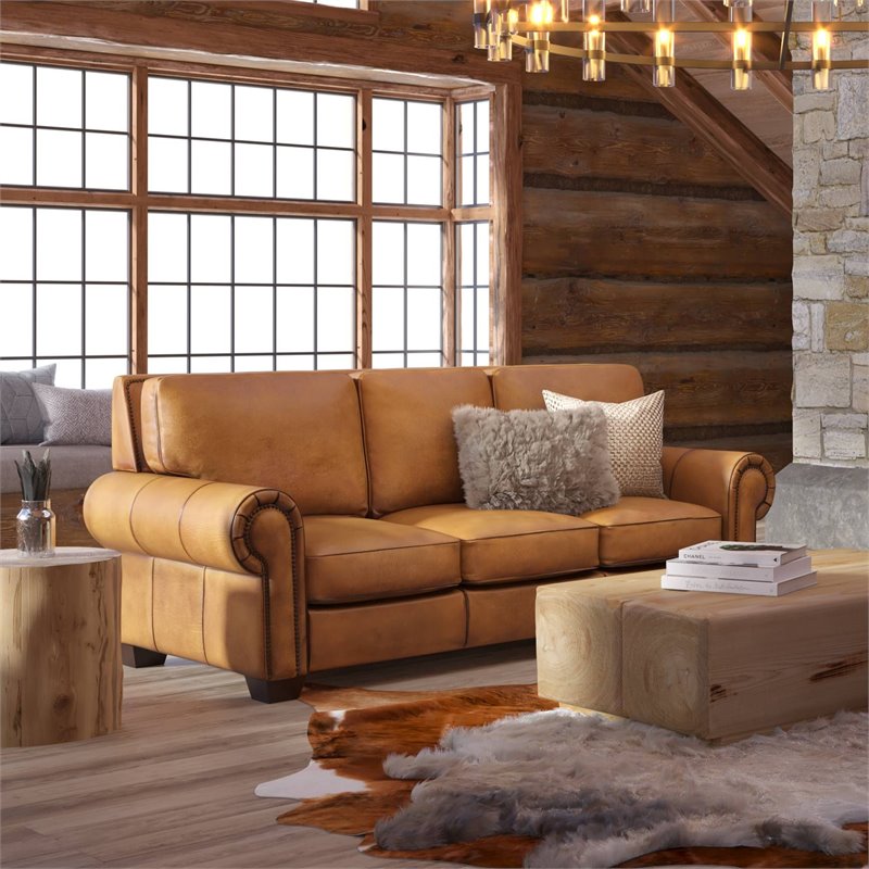 Hello Sofa Home Valencia Top Grain Hand Antiqued Leather Sofa in Tan Brown