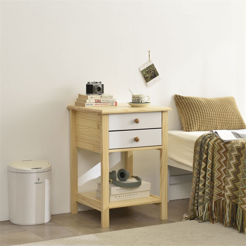 Solid Pine Wood 2 Drawer Nightstand